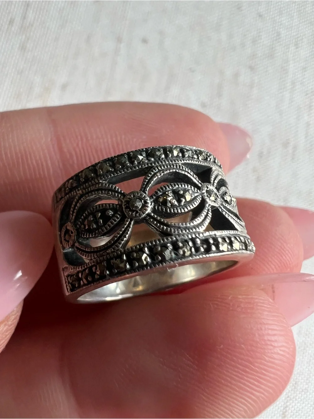 Sterling Silver Marcasite Openwork Filigree Band Ring